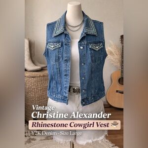 Vintage Christine Alexander Jeweled Denim Vest Rhinestone Western Y2K L